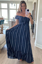 Navy Blue Striped Off Shoulder Front Tie Maxi Dress by PinkBlush (view 5 of 6)