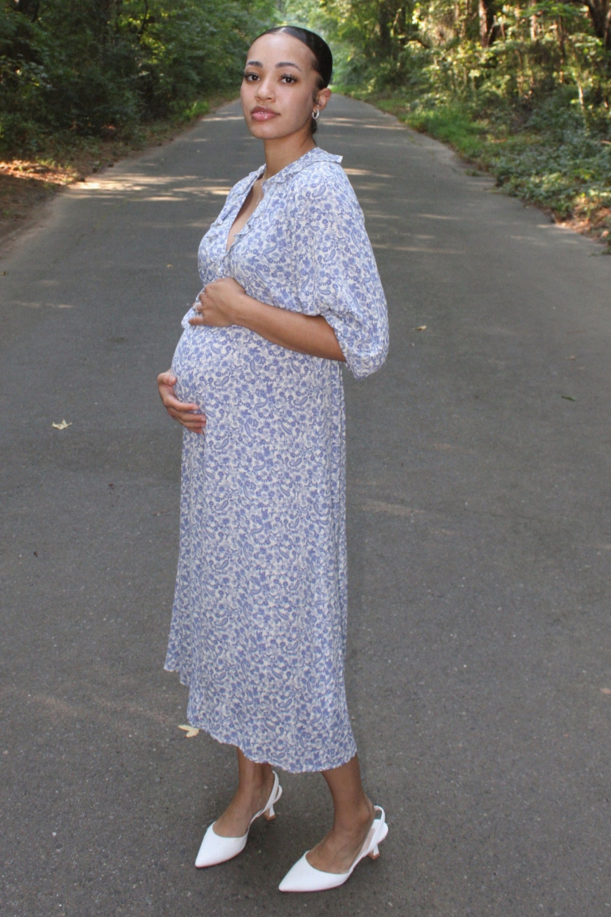 Blue Floral Ruffle V-Neck Maternity Midi Dress by PinkBlush (view 2 of 5)