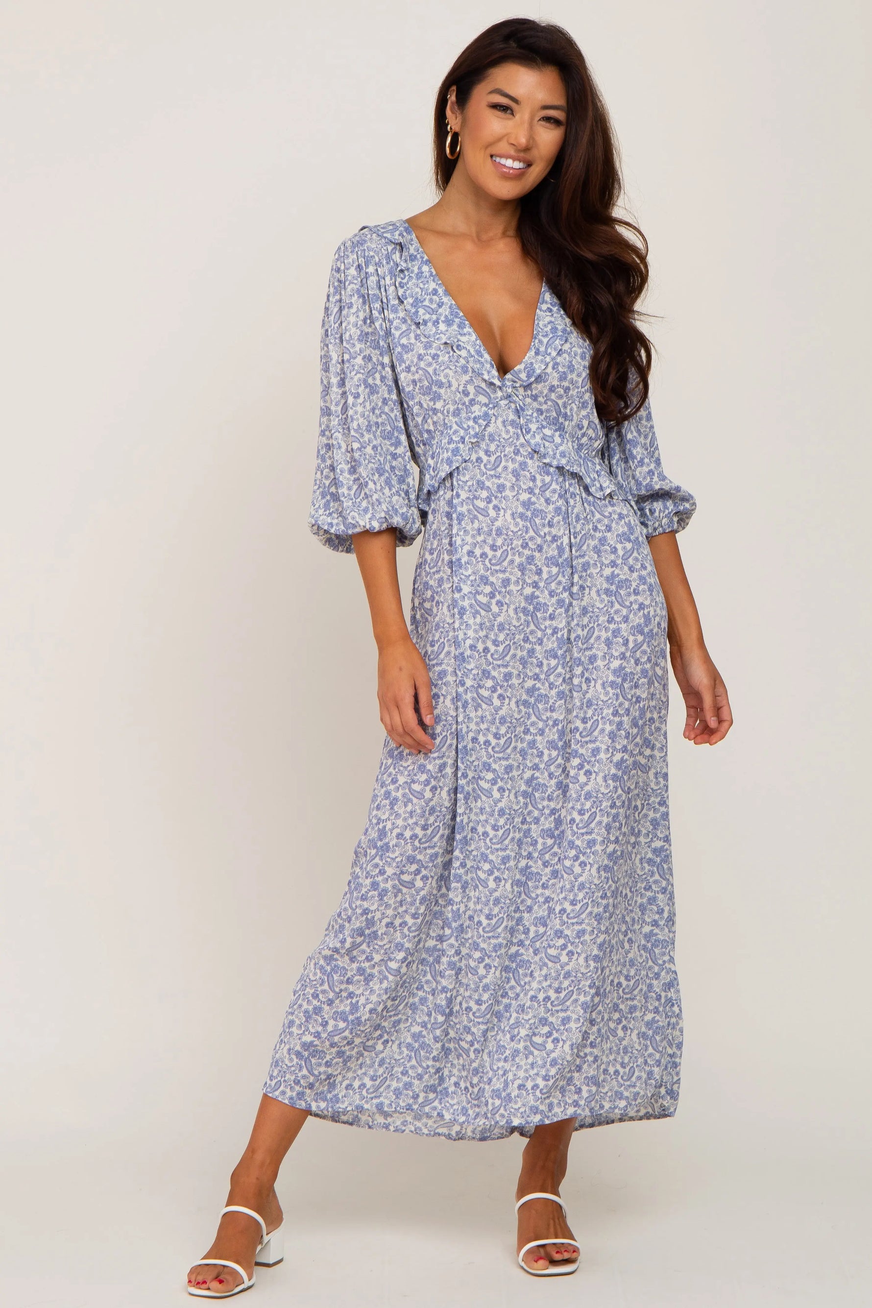 PinkBlush Elegant Blue Floral Ruffle V Neck Midi Dress for Expecting Mothers - Apparel & Accessories > Clothing > Dresses
