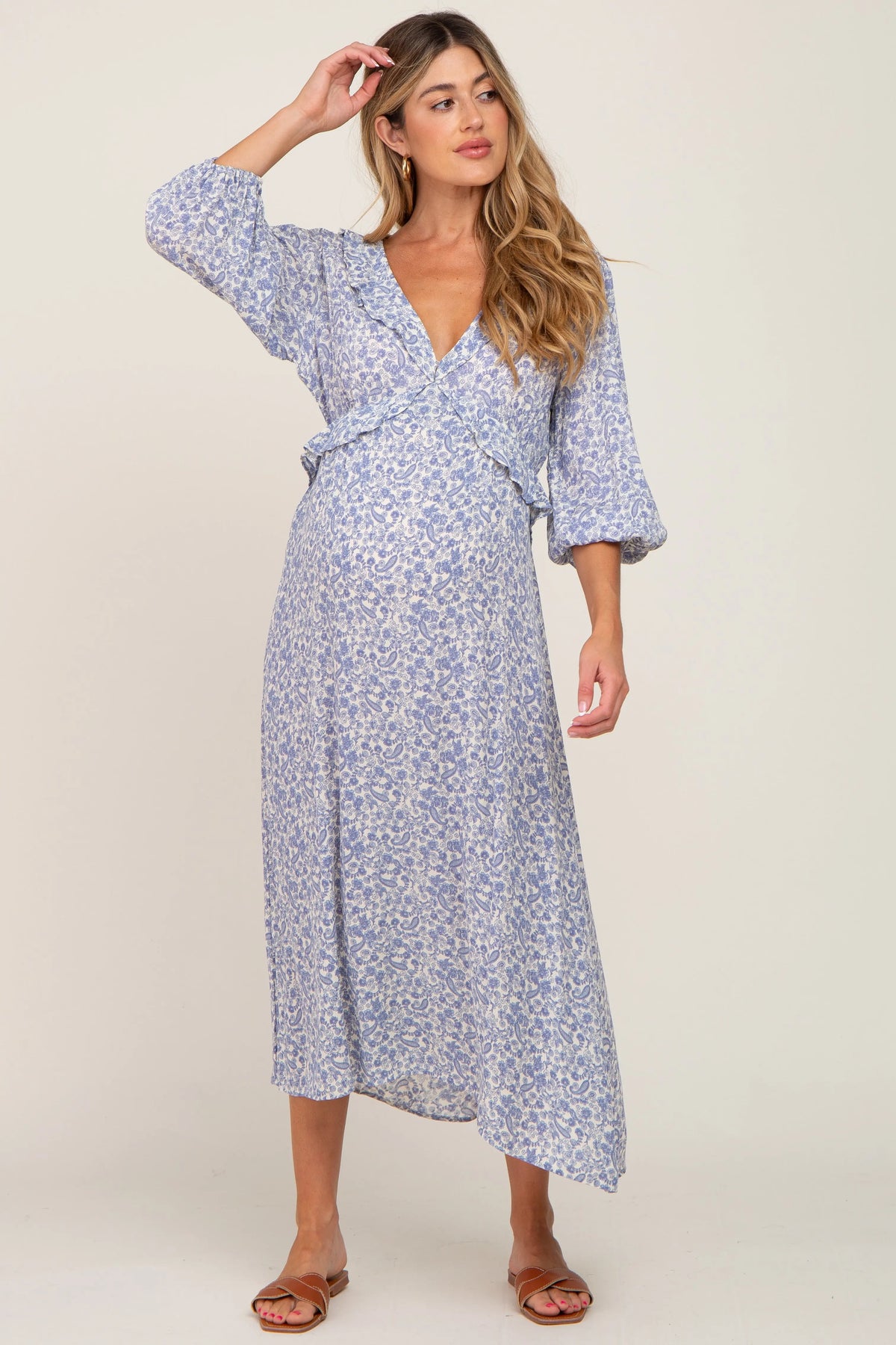 Blue Floral Ruffle V-Neck Maternity Midi Dress PinkBlush 