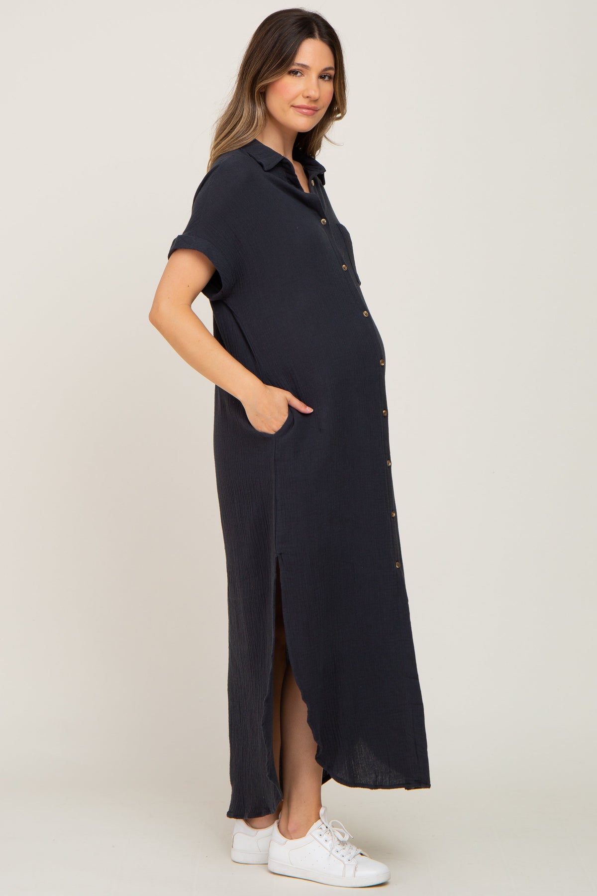 Charcoal Button Down Maternity Midi Dress by PinkBlush at Everetts Place