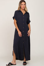 Charcoal short sleeve button down midi dress with collared neckline, front pocket, and split hem