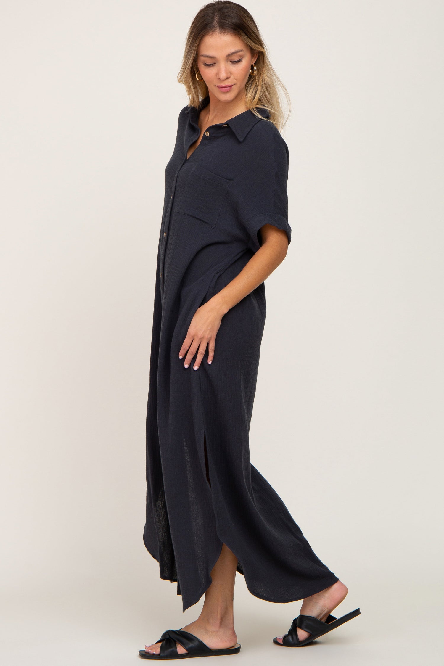 Versatile Charcoal Button Down Midi Dress