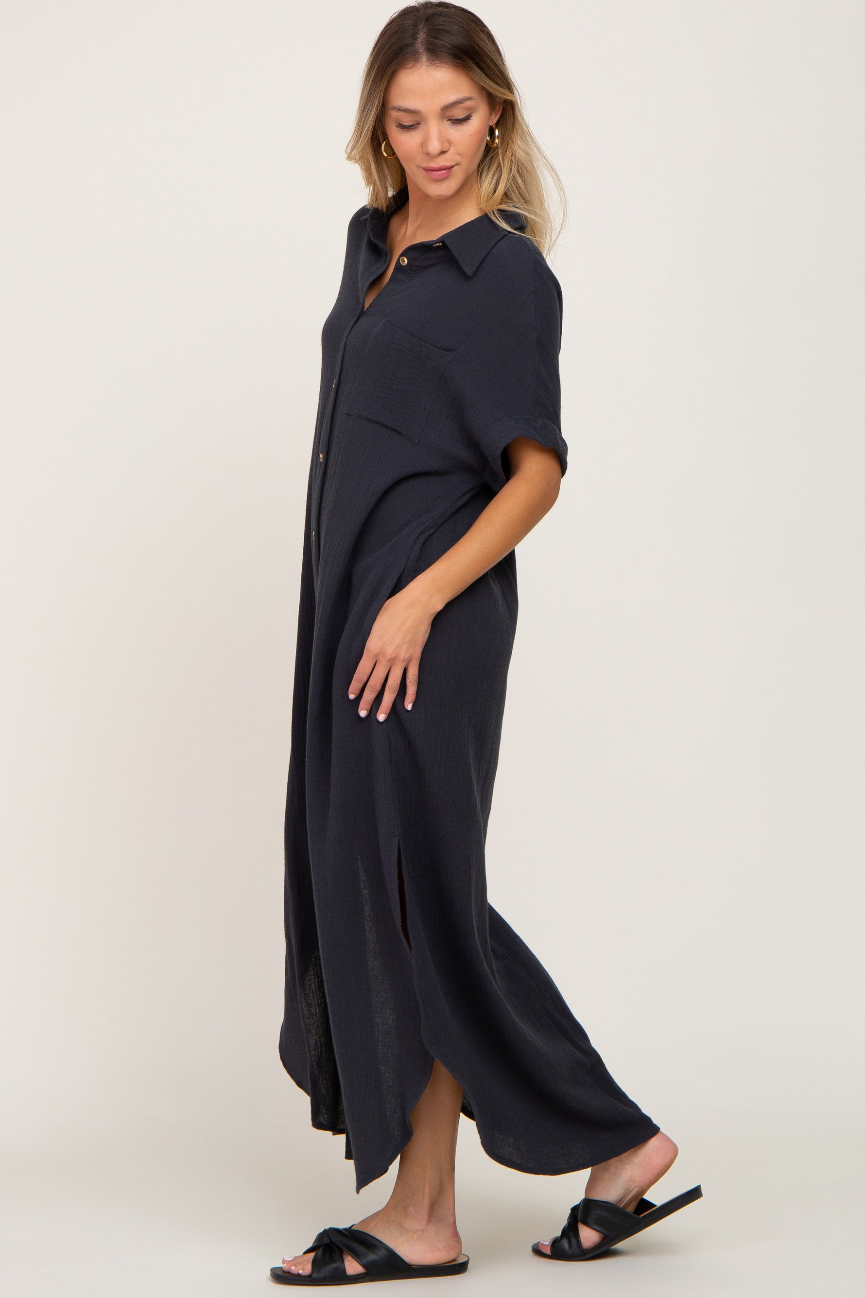 Charcoal Button Down Midi Dress by PinkBlush at Everetts Place
