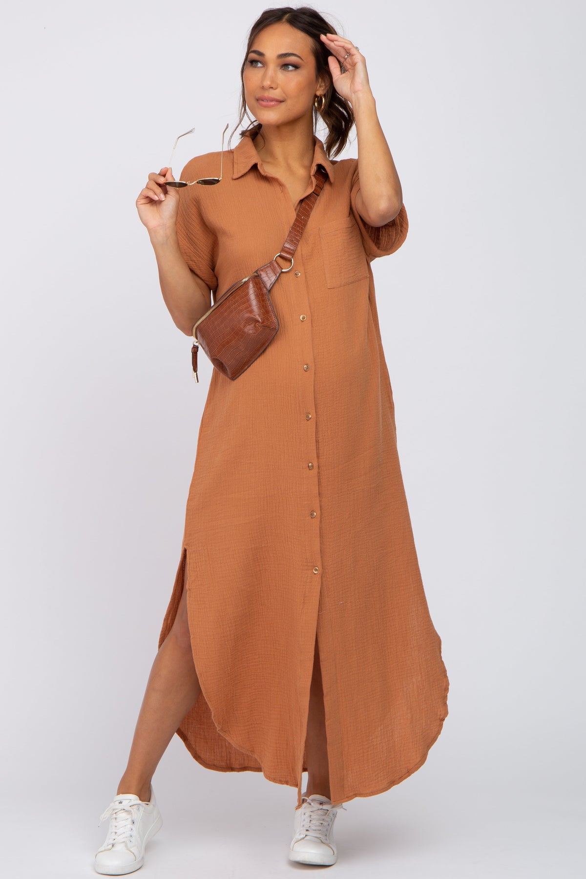 Nursing Friendly Button Down Maternity Midi Dress by PinkBlush (view 1 of 17)