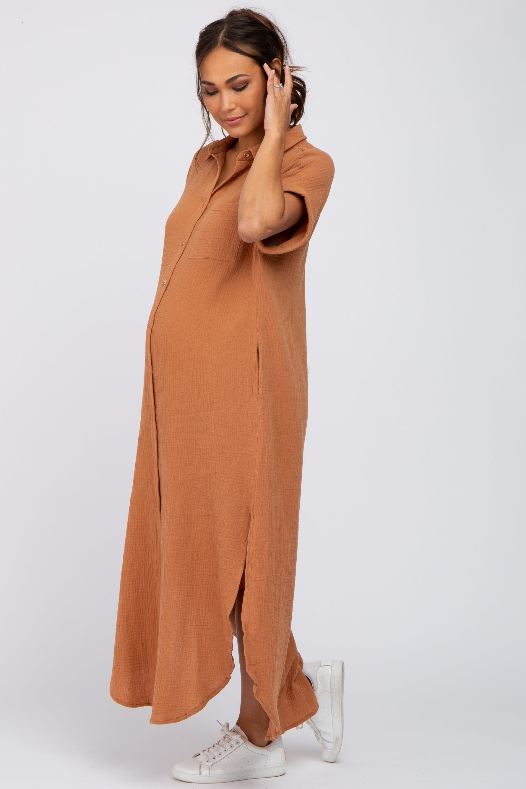Nursing Friendly Button Down Maternity Midi Dress by PinkBlush (view 2 of 17)