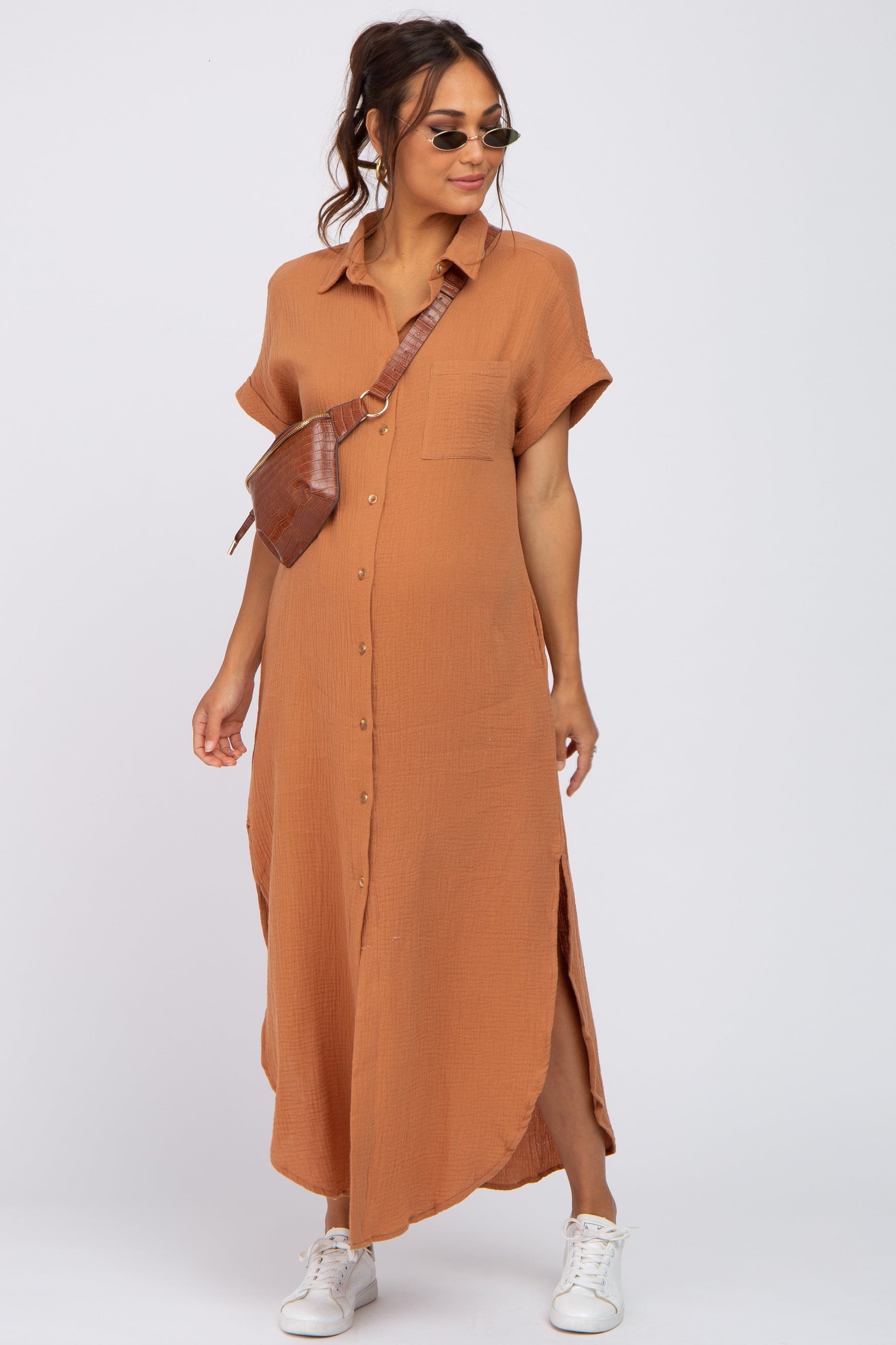 Nursing Friendly Button Down Maternity Midi Dress by PinkBlush (view 4 of 17)