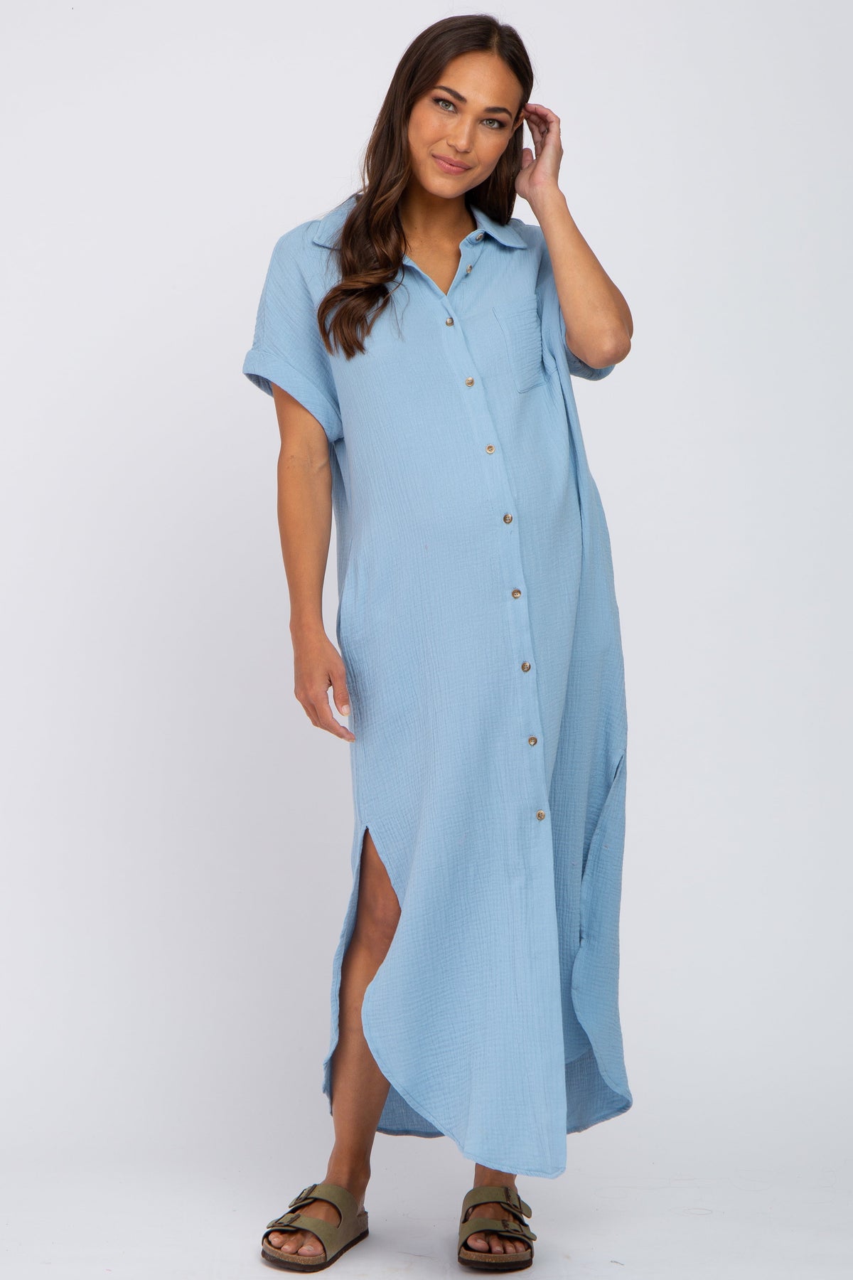Light Blue Button Down Maternity Midi Dress by PinkBlush at Everetts Place