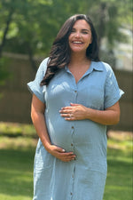 Light Blue Button Down Maternity Midi Dress by PinkBlush at Everetts Place