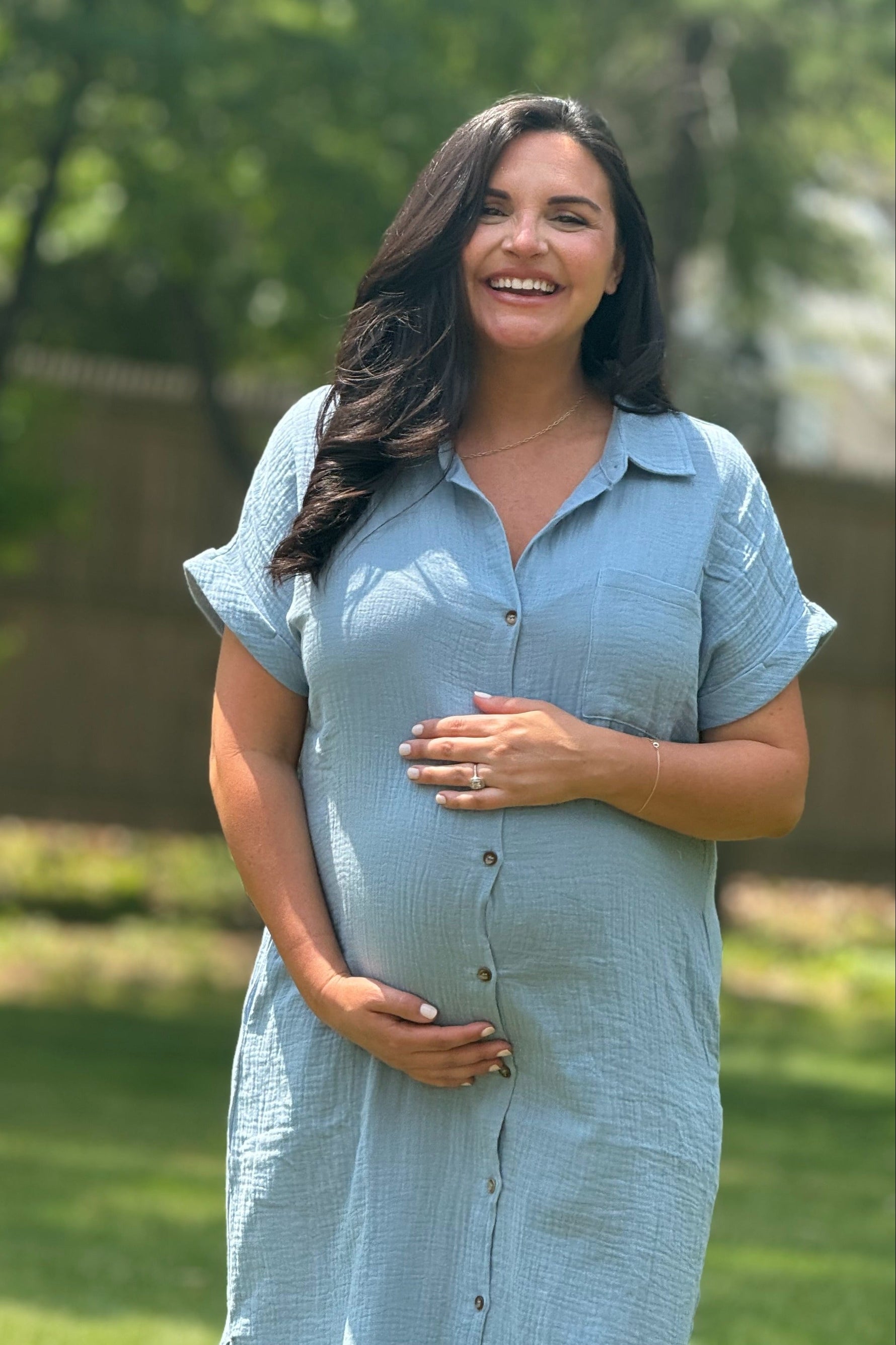 Light Blue Button Down Maternity Midi Dress by PinkBlush at Everetts Place