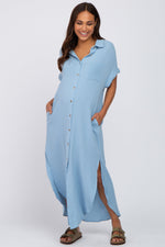 Light Blue Button Down Maternity Midi Dress by PinkBlush at Everetts Place