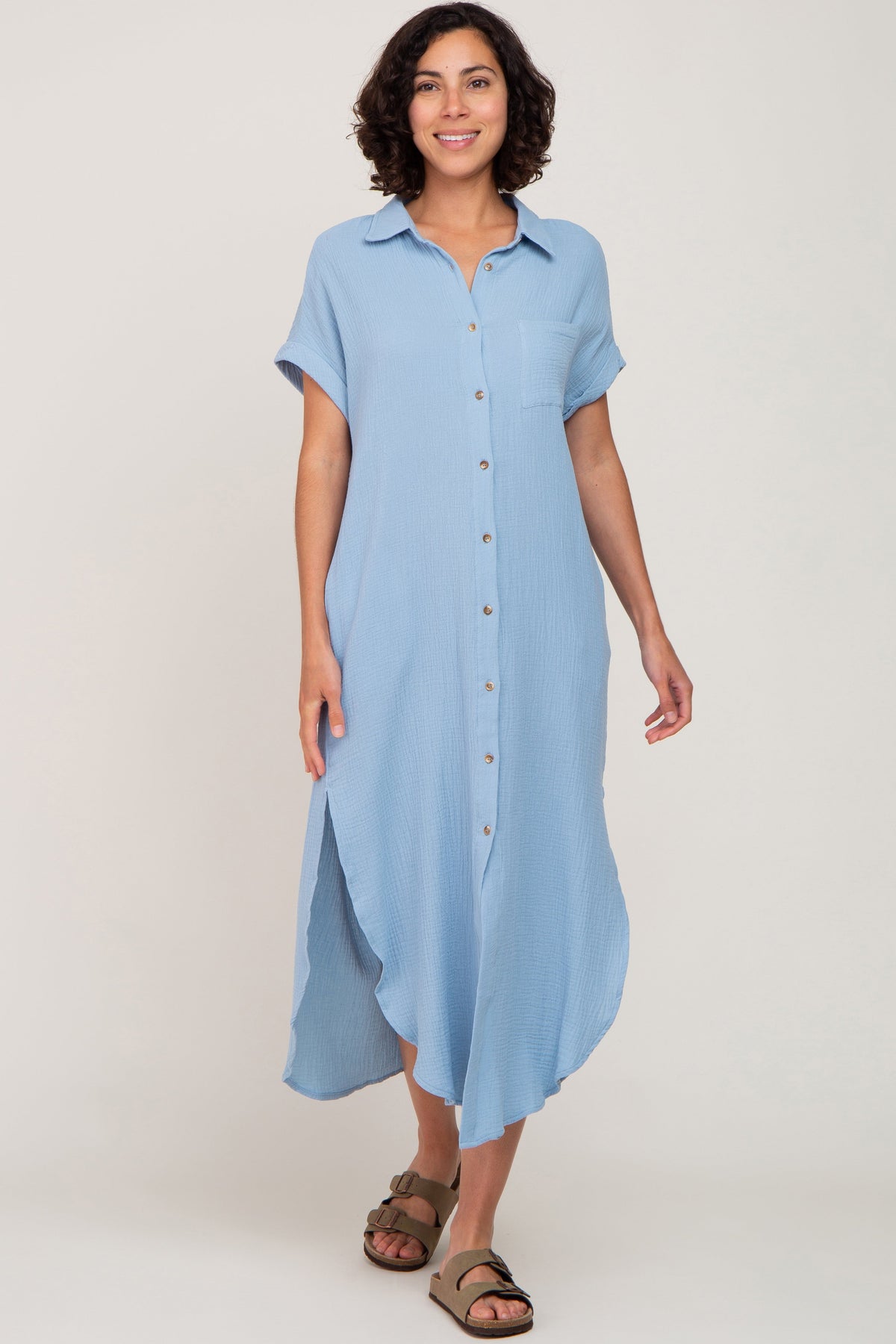 Light Blue Button Down Maternity Midi Dress by PinkBlush at Everetts Place