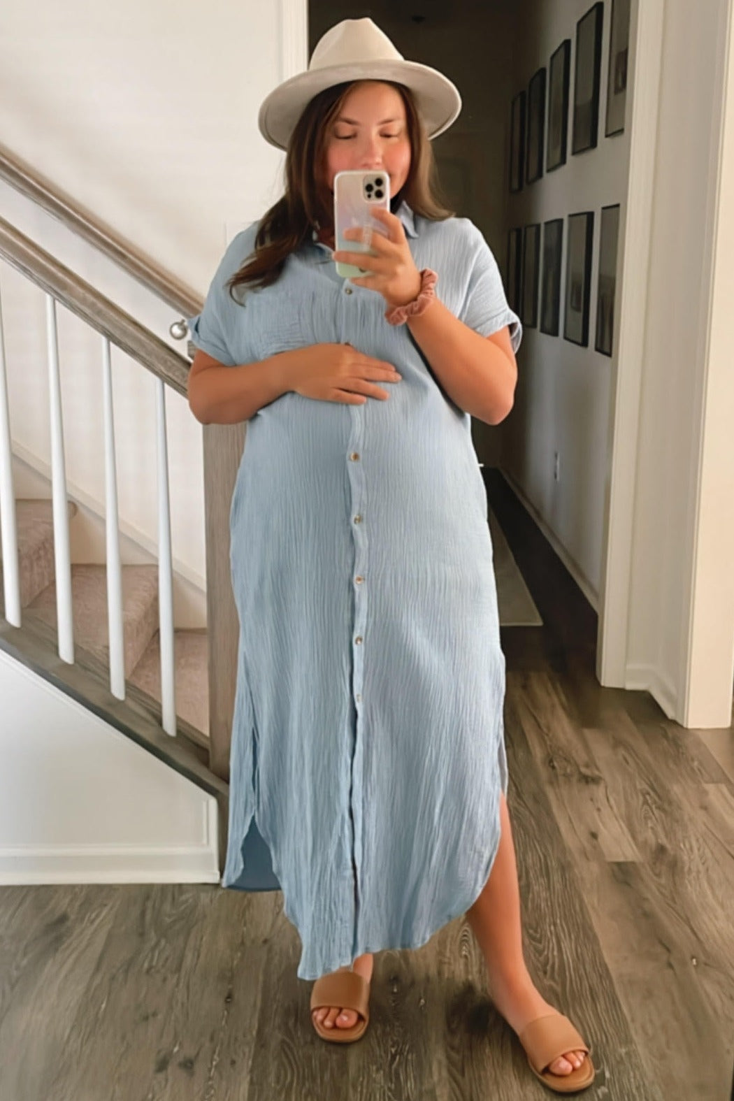 Light Blue Button Down Maternity Midi Dress by PinkBlush at Everetts Place