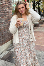 Taupe Floral Smocked Puff Sleeve Midi Dress by PinkBlush