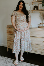Taupe Floral Smocked Puff Sleeve Maternity Midi Dress by PinkBlush