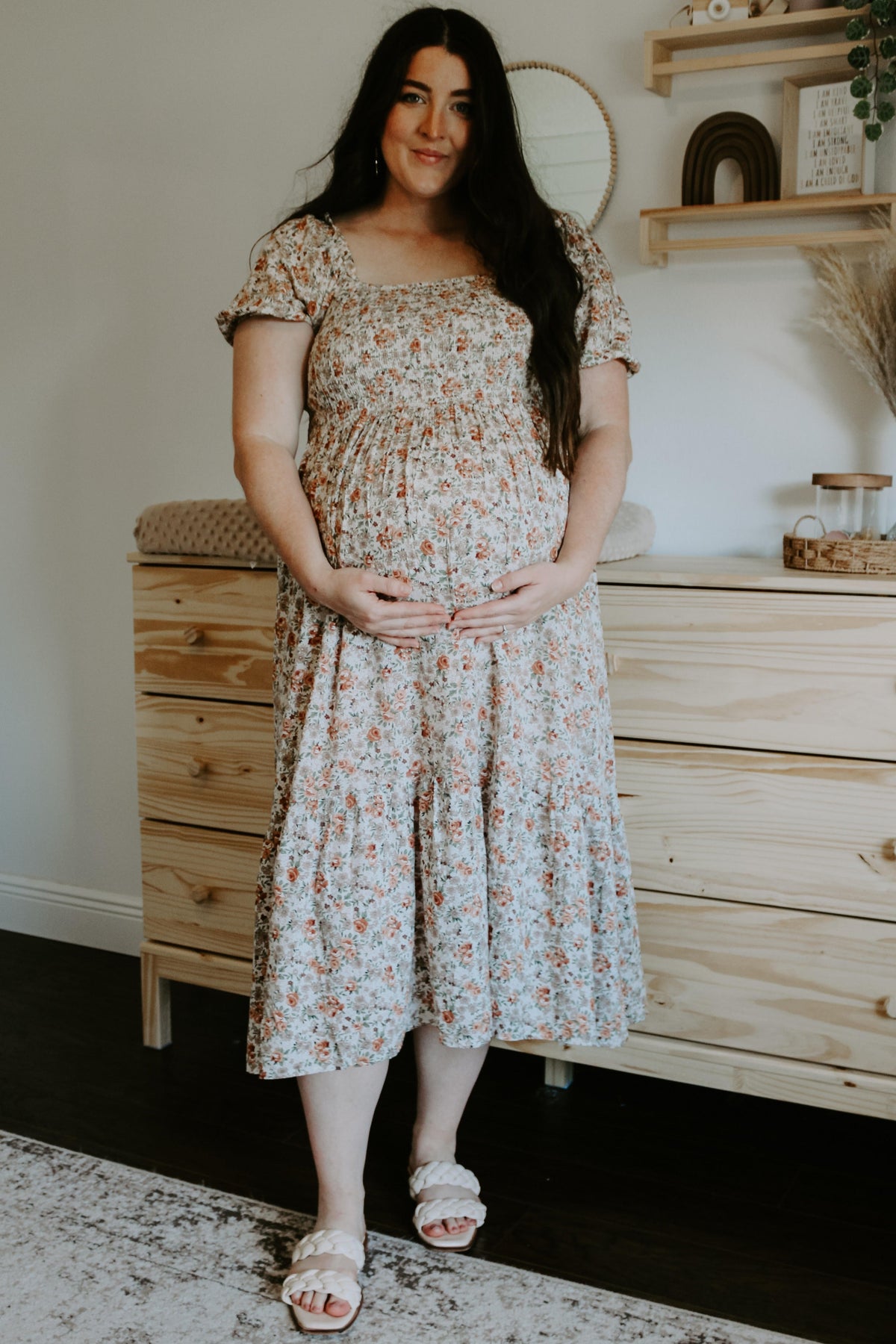 Taupe Floral Smocked Puff Sleeve Maternity Midi Dress by PinkBlush