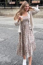 Taupe Floral Smocked Puff Sleeve Midi Dress by PinkBlush