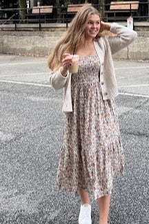 Taupe Floral Smocked Puff Sleeve Midi Dress by PinkBlush