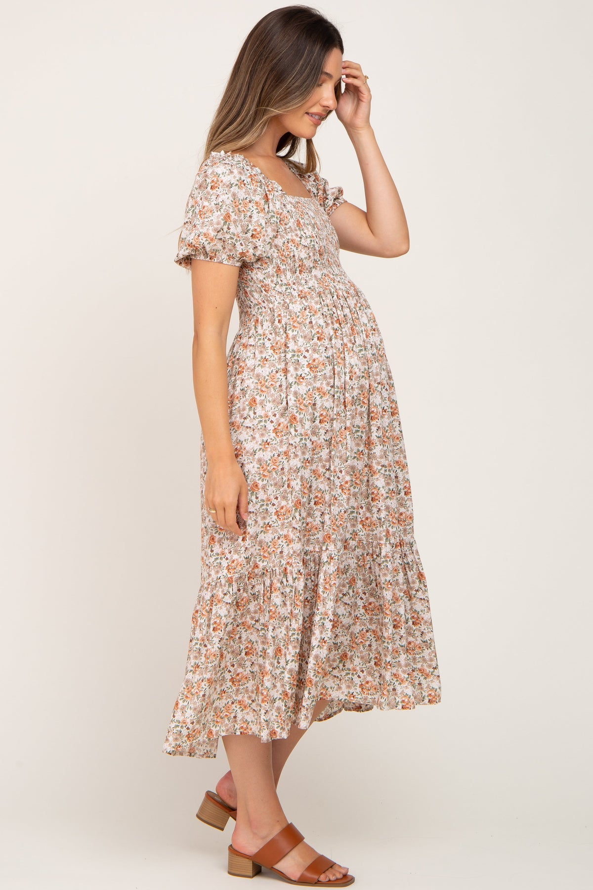 Taupe Floral Smocked Puff Sleeve Maternity Midi Dress by PinkBlush