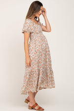 Taupe Floral Smocked Puff Sleeve Maternity Midi Dress by PinkBlush