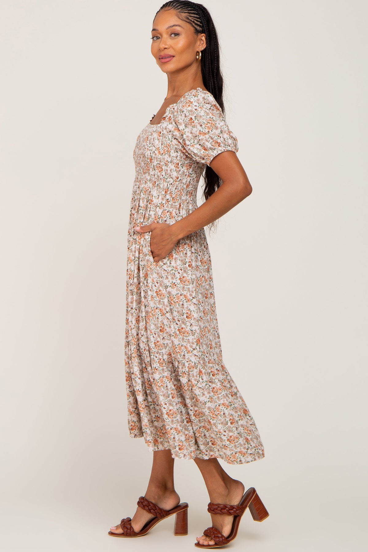 Taupe Floral Smocked Puff Sleeve Midi Dress by PinkBlush