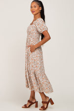 Taupe Floral Smocked Puff Sleeve Midi Dress by PinkBlush