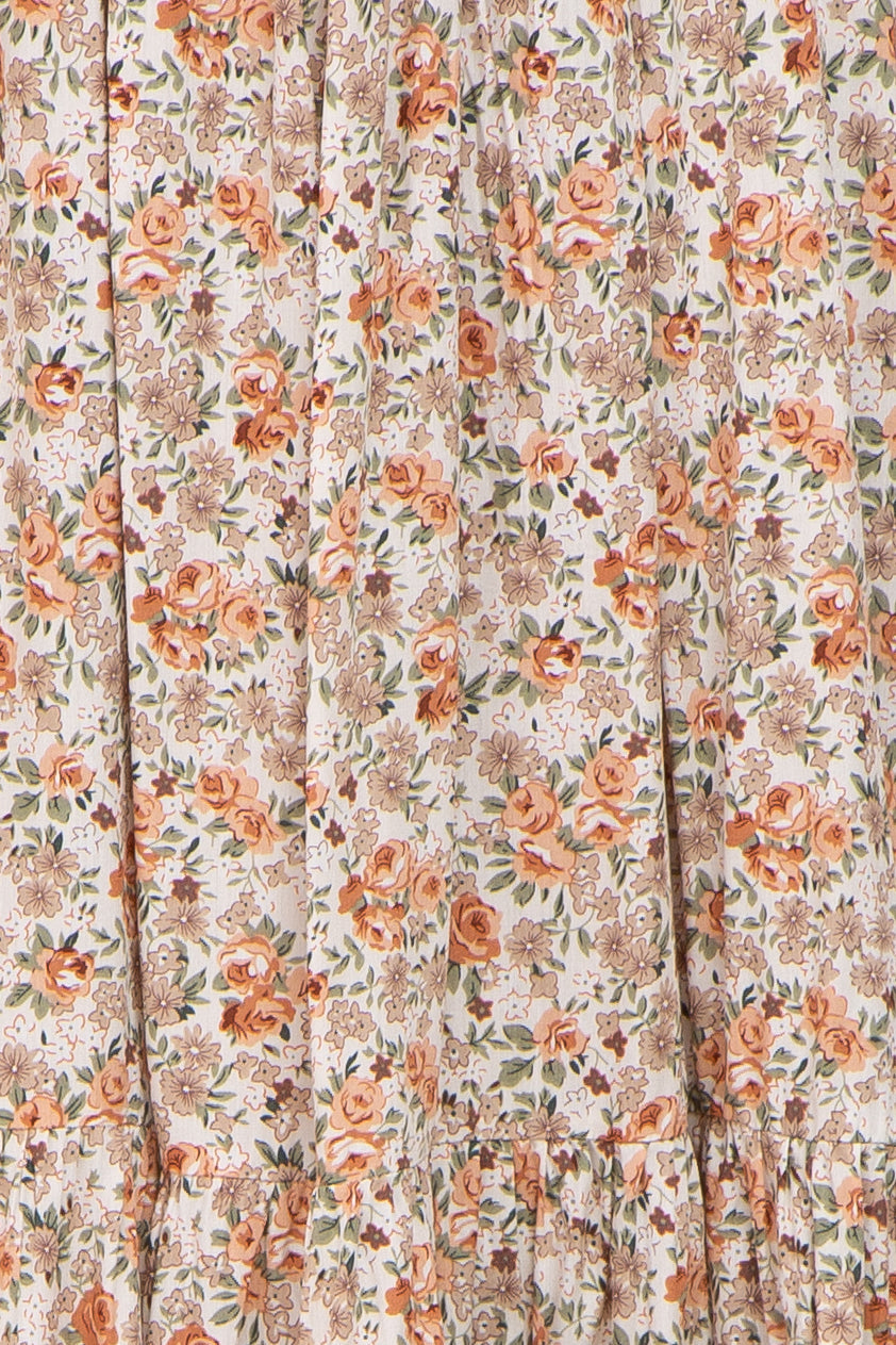 Taupe Floral Smocked Puff Sleeve Midi Dress by PinkBlush