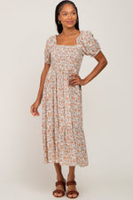 Taupe Floral Smocked Puff Sleeve Midi Dress by PinkBlush
