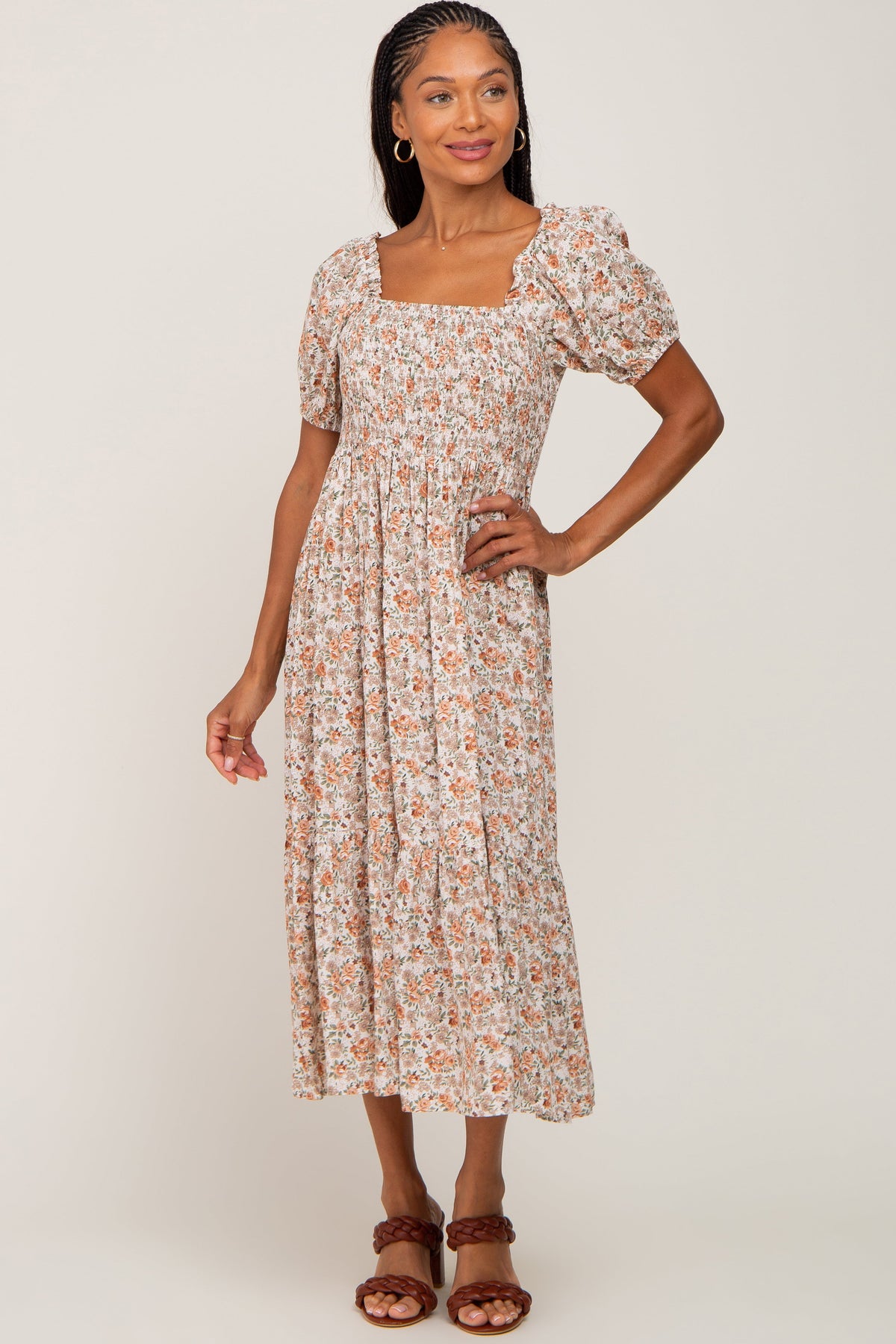Taupe Floral Smocked Puff Sleeve Midi Dress by PinkBlush