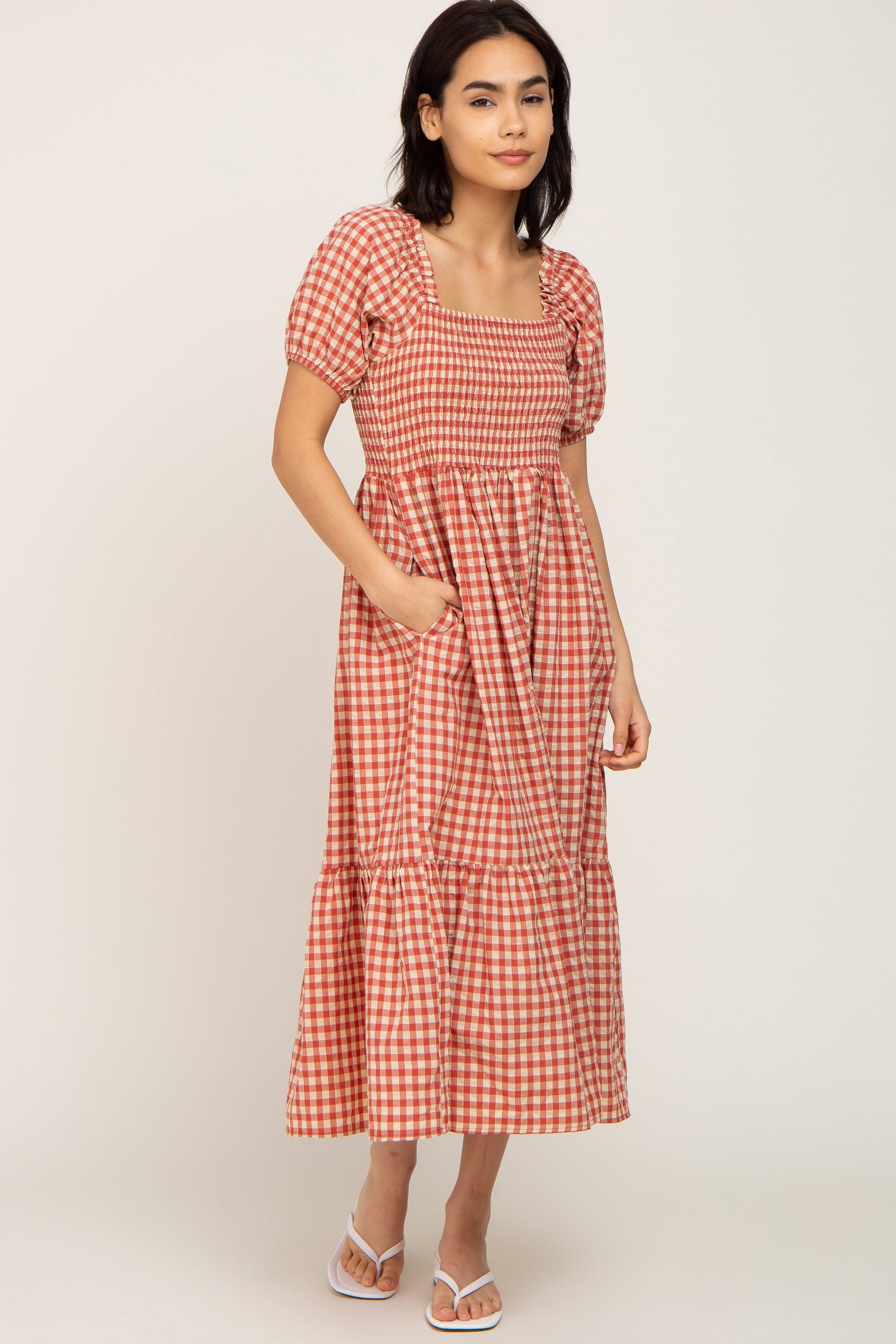 Rust Gingham Smocked Midi Dress by PinkBlush at Everetts Place