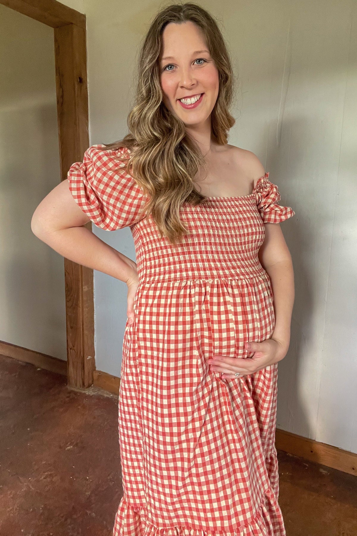 Rust Gingham Smocked Maternity Midi Dress by PinkBlush