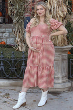 Rust Gingham Smocked Maternity Midi Dress by PinkBlush