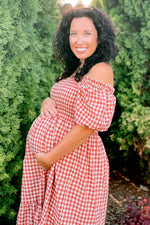 Rust Gingham Smocked Maternity Midi Dress by PinkBlush