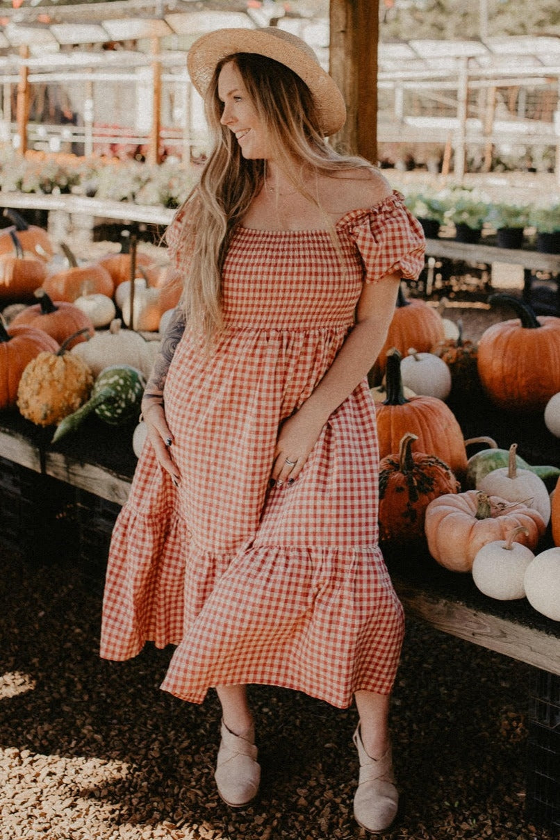 Rust Gingham Smocked Midi Dress by PinkBlush at Everetts Place