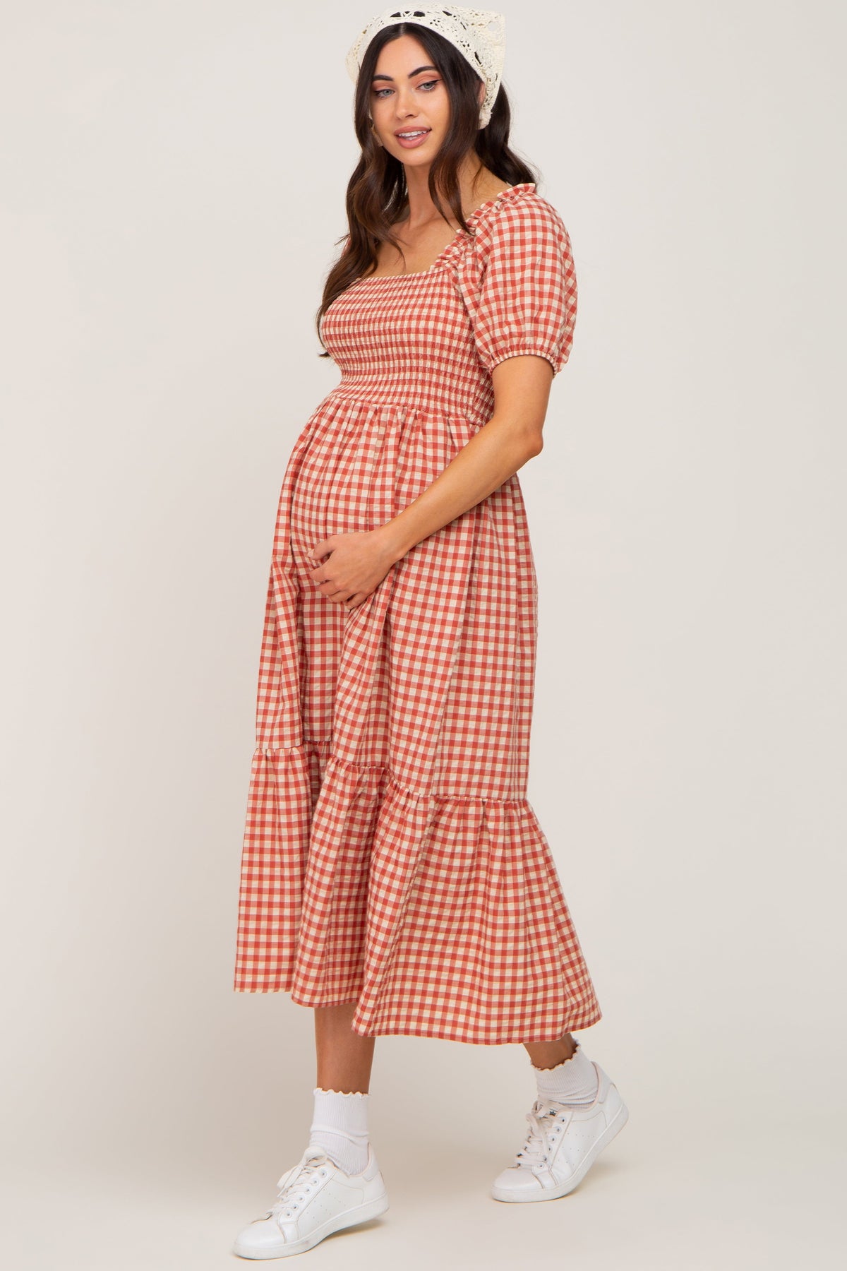 Rust Gingham Smocked Maternity Midi Dress by PinkBlush