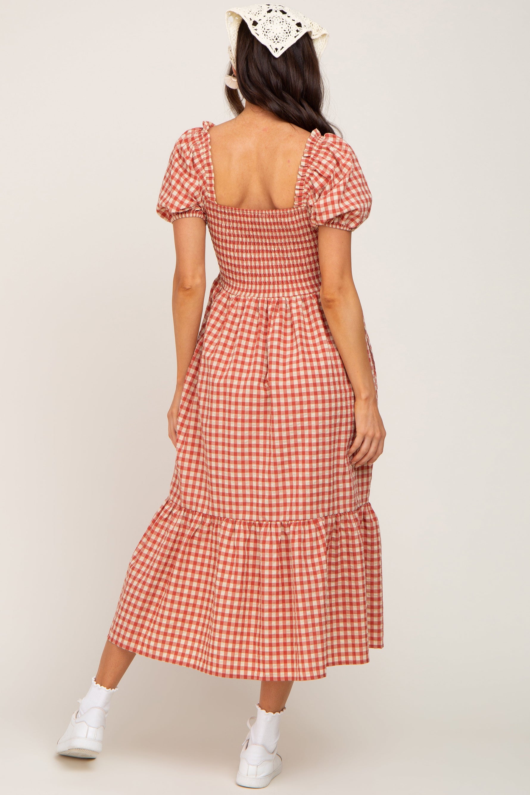 Rust Gingham Smocked Maternity Midi Dress by PinkBlush