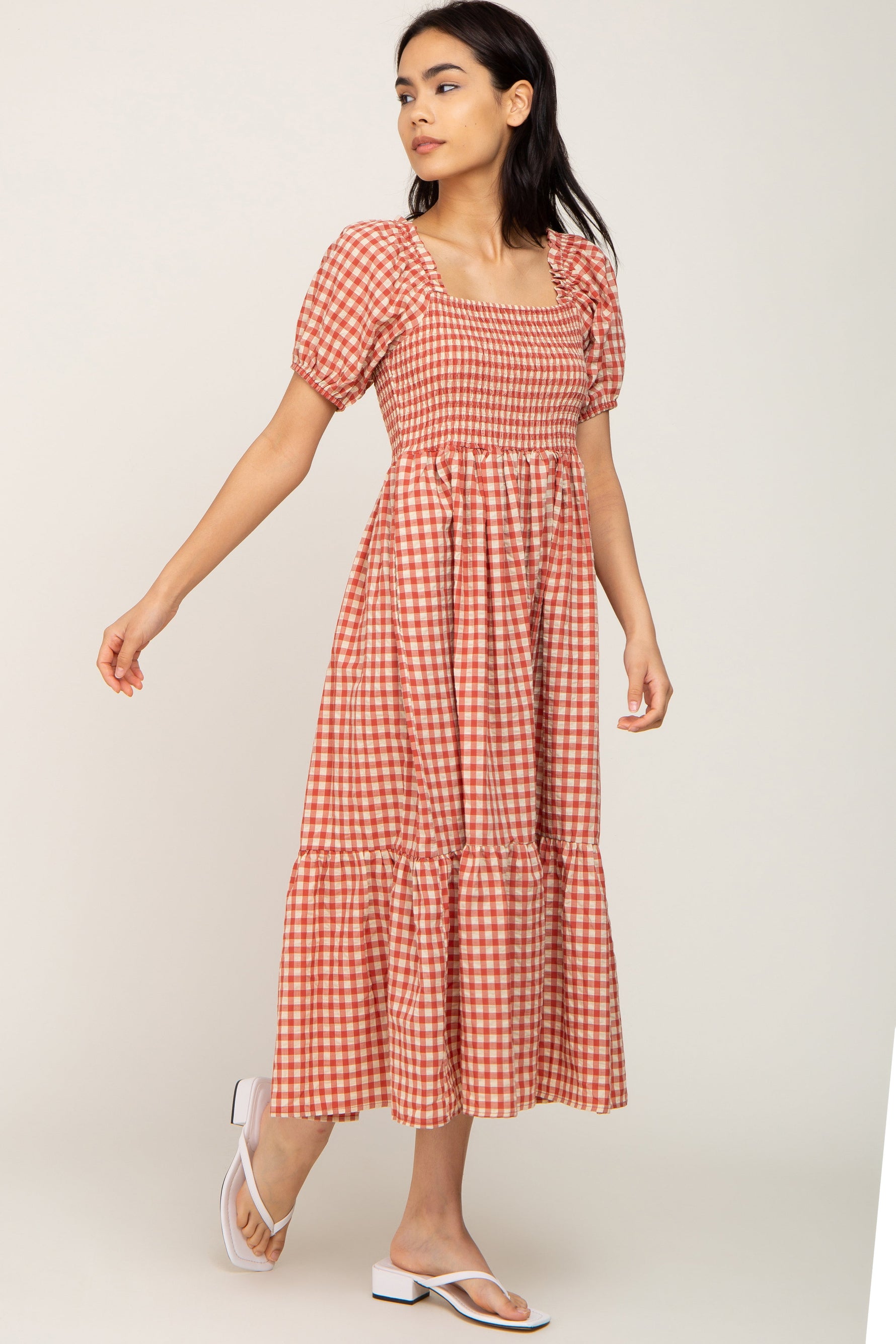 Rust Gingham Smocked Midi Dress by PinkBlush at Everetts Place