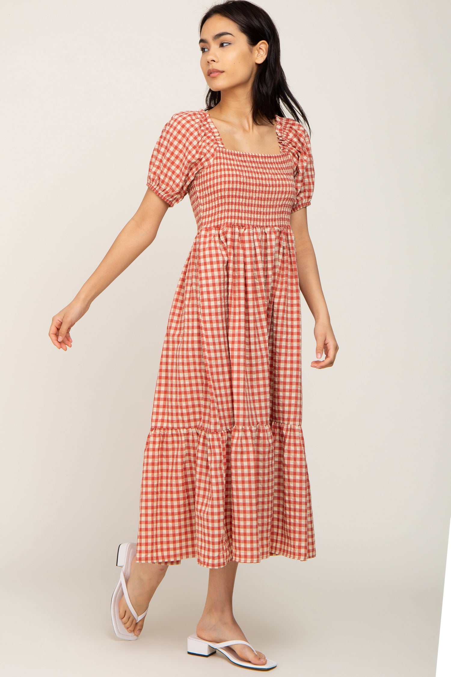 Rust Gingham Smocked Midi Dress by PinkBlush at Everetts Place