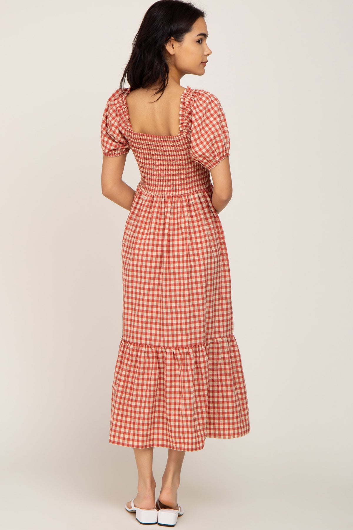 Rust Gingham Smocked Midi Dress by PinkBlush at Everetts Place