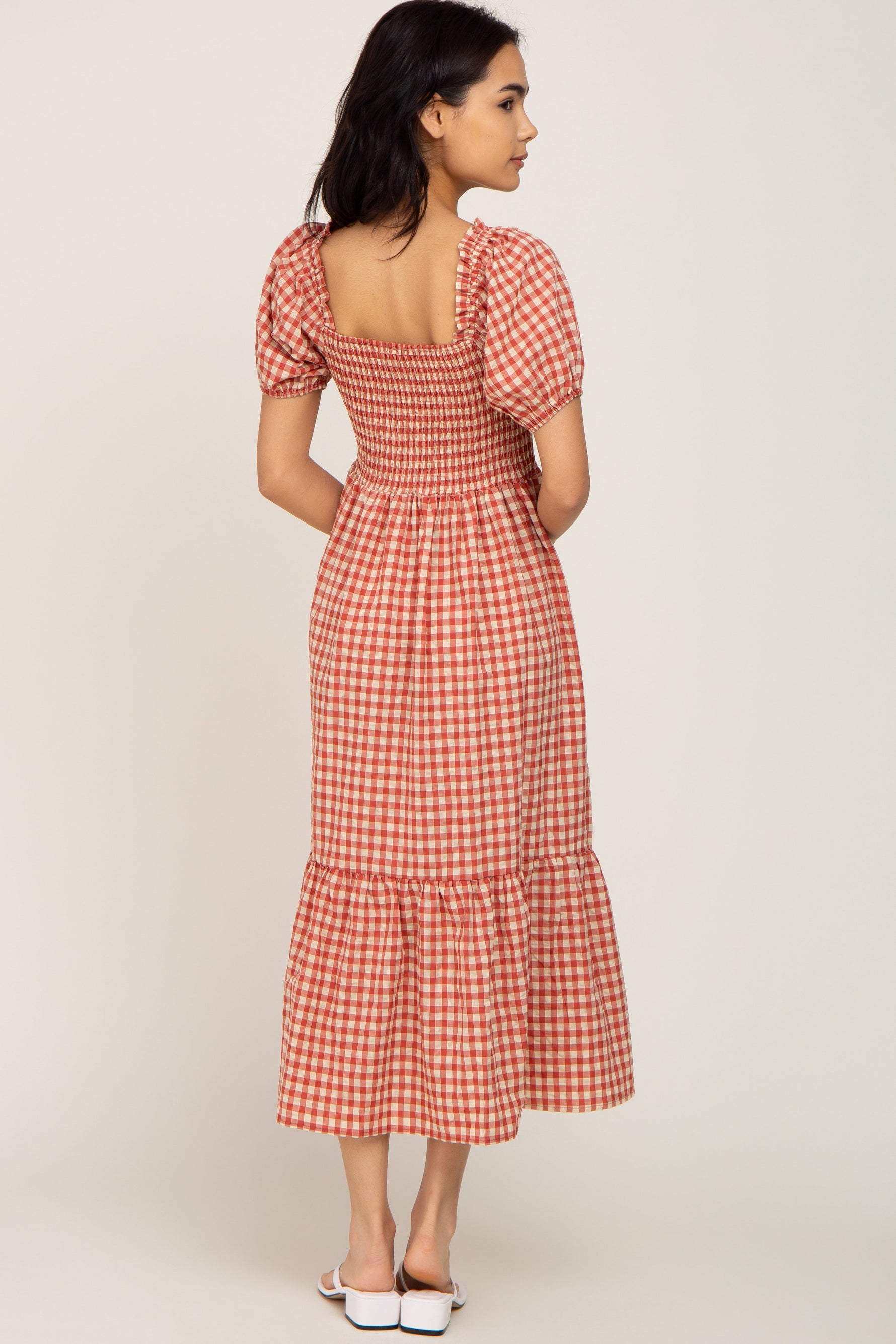 Rust Gingham Smocked Midi Dress by PinkBlush at Everetts Place