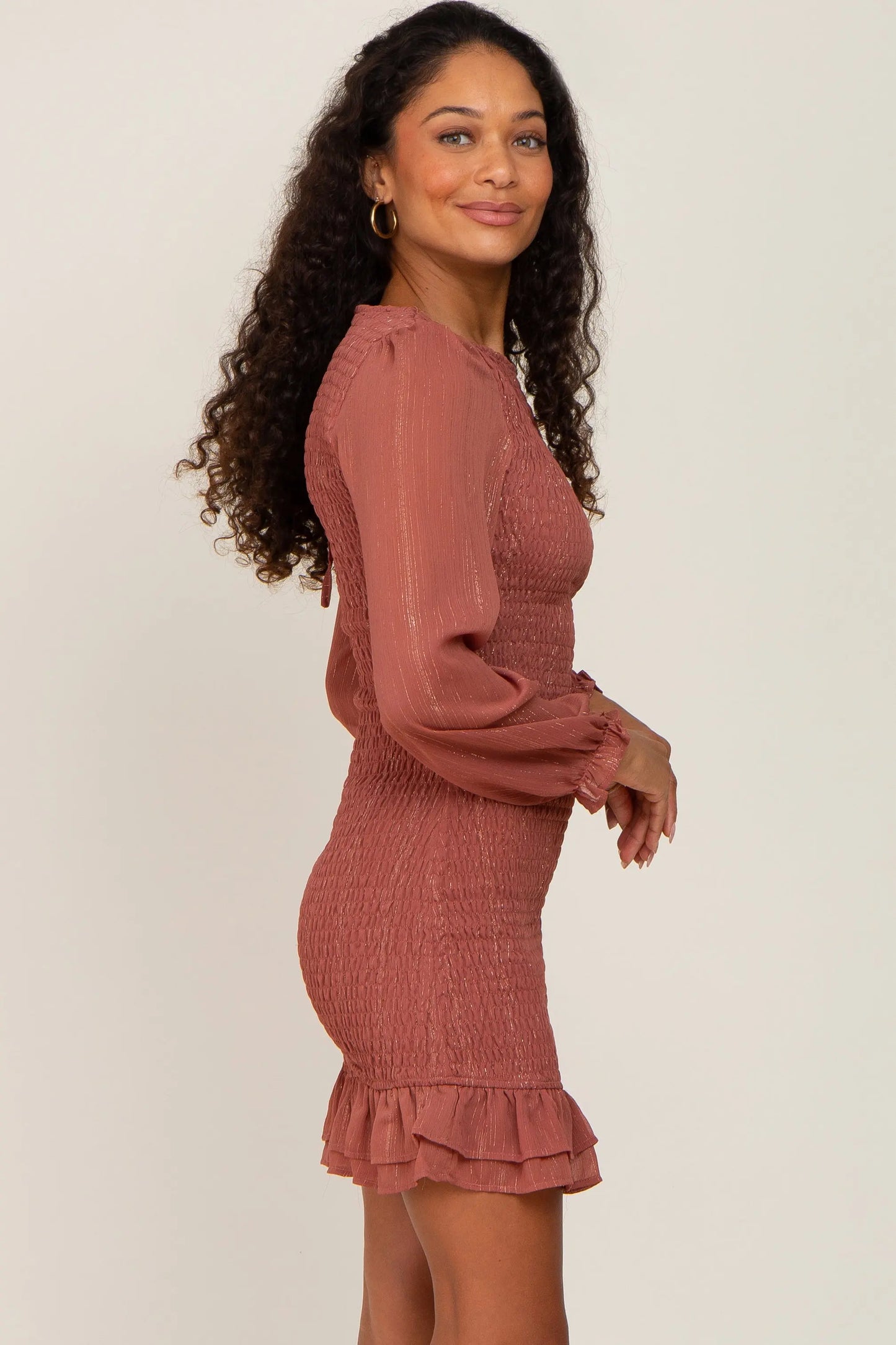 Mauve Metallic Shimmer Smocked Mini Dress with Sheer Sleeves and Back Tie Closure PinkBlush