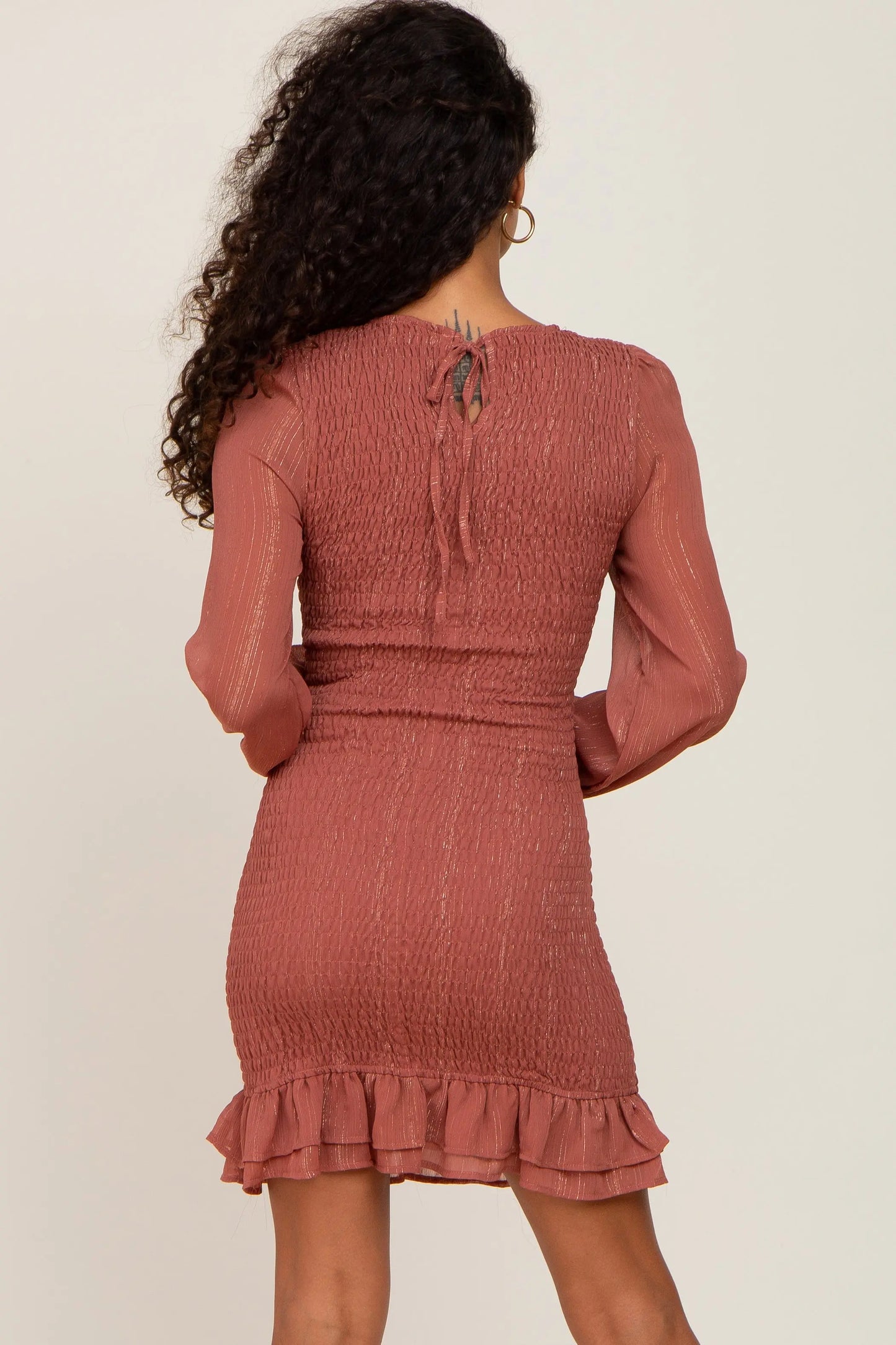 Mauve Metallic Shimmer Smocked Mini Dress with Sheer Sleeves and Back Tie Closure PinkBlush