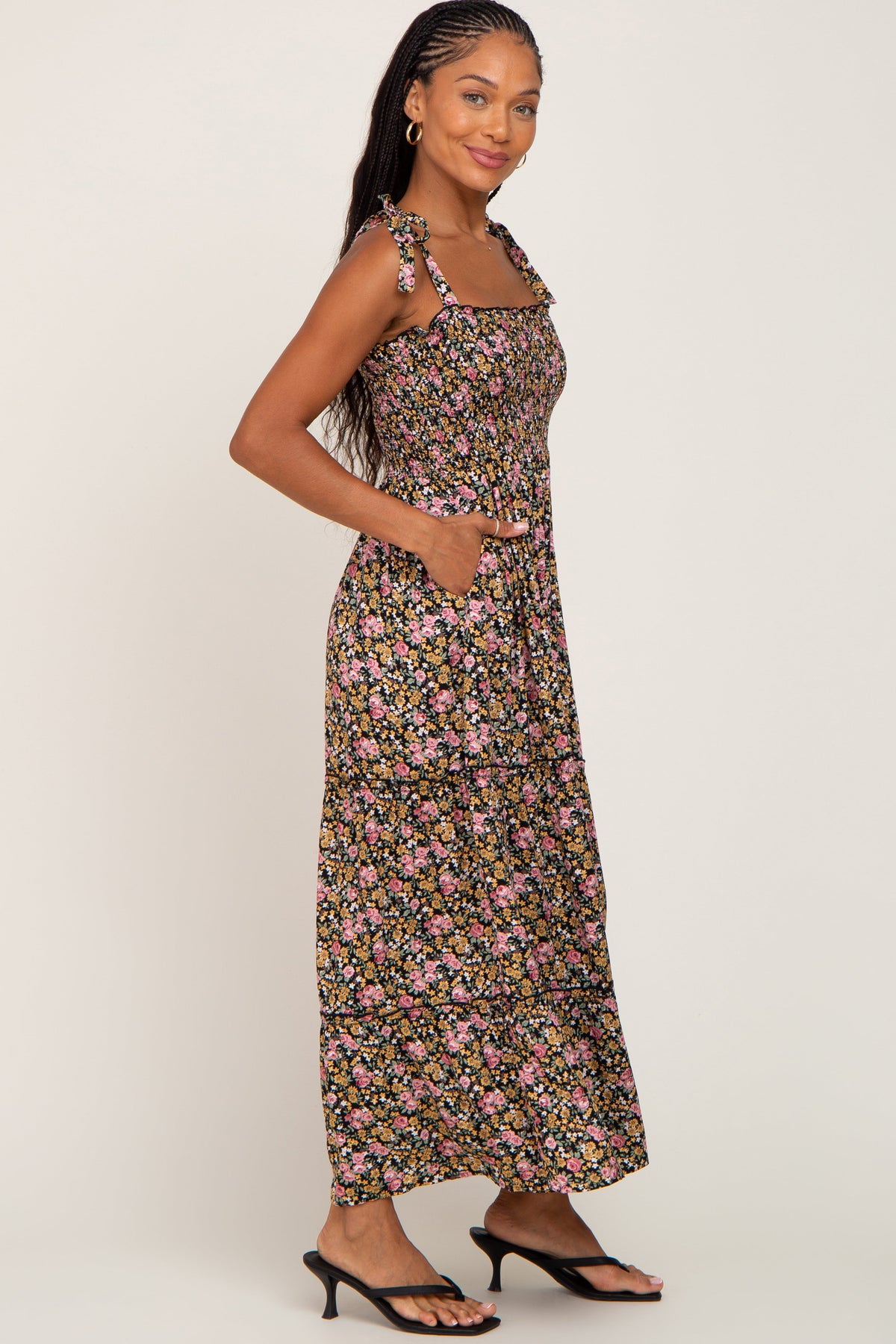 Black Multi-Color Floral Maxi Dress - Sleeveless Tiered by PinkBlush