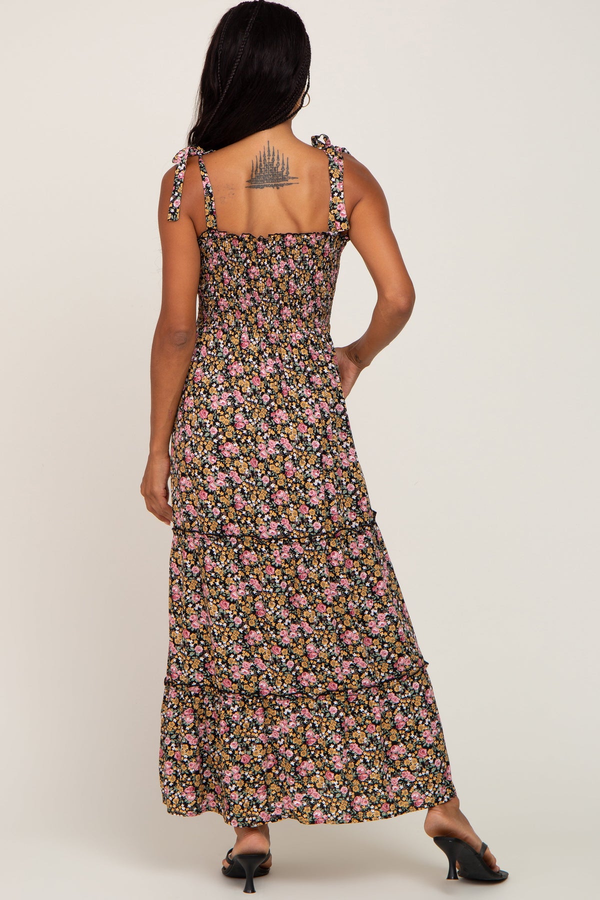 Black Multi-Color Floral Maxi Dress - Sleeveless Tiered by PinkBlush