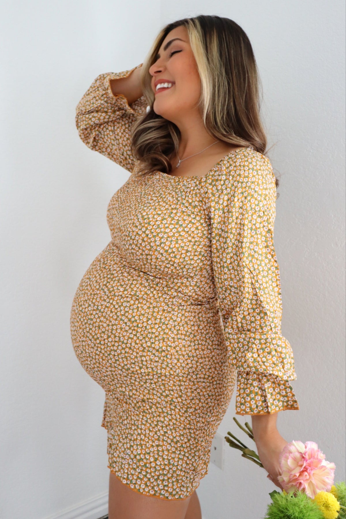 Ditsy Floral Smocked Long Sleeve Maternity Mini Dress