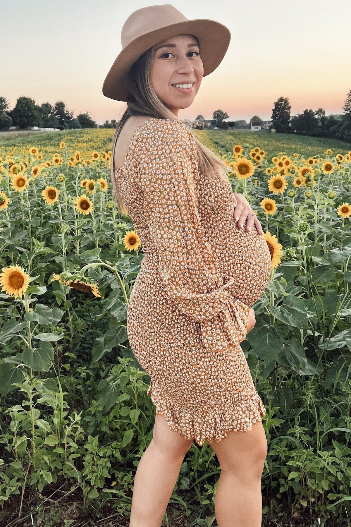 Ditsy Floral Smocked Long Sleeve Maternity Mini Dress by PinkBlush