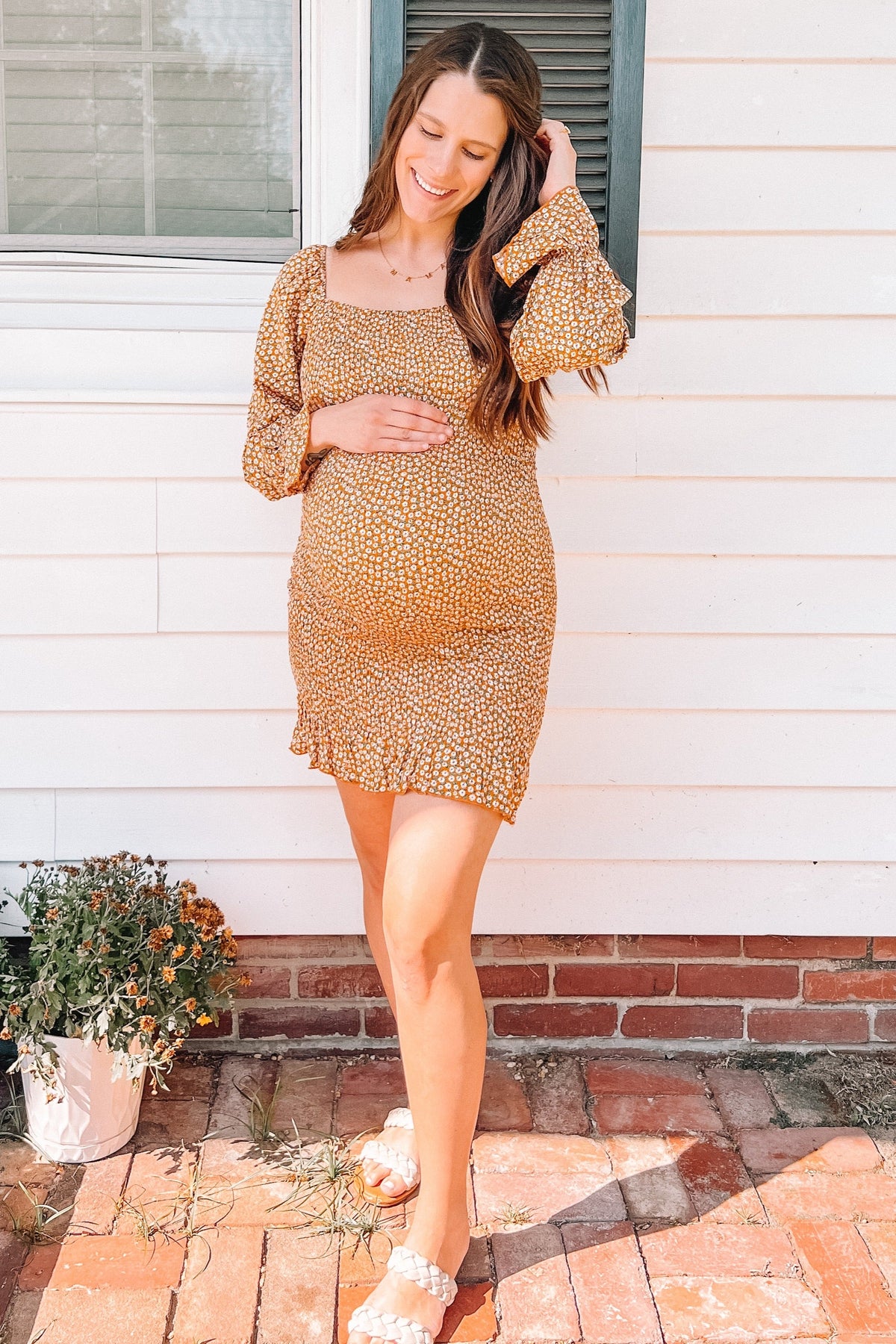 Ditsy Floral Smocked Long Sleeve Maternity Mini Dress by PinkBlush