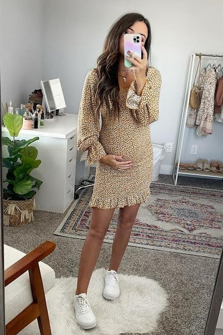 Ditsy Floral Smocked Long Sleeve Maternity Mini Dress by PinkBlush