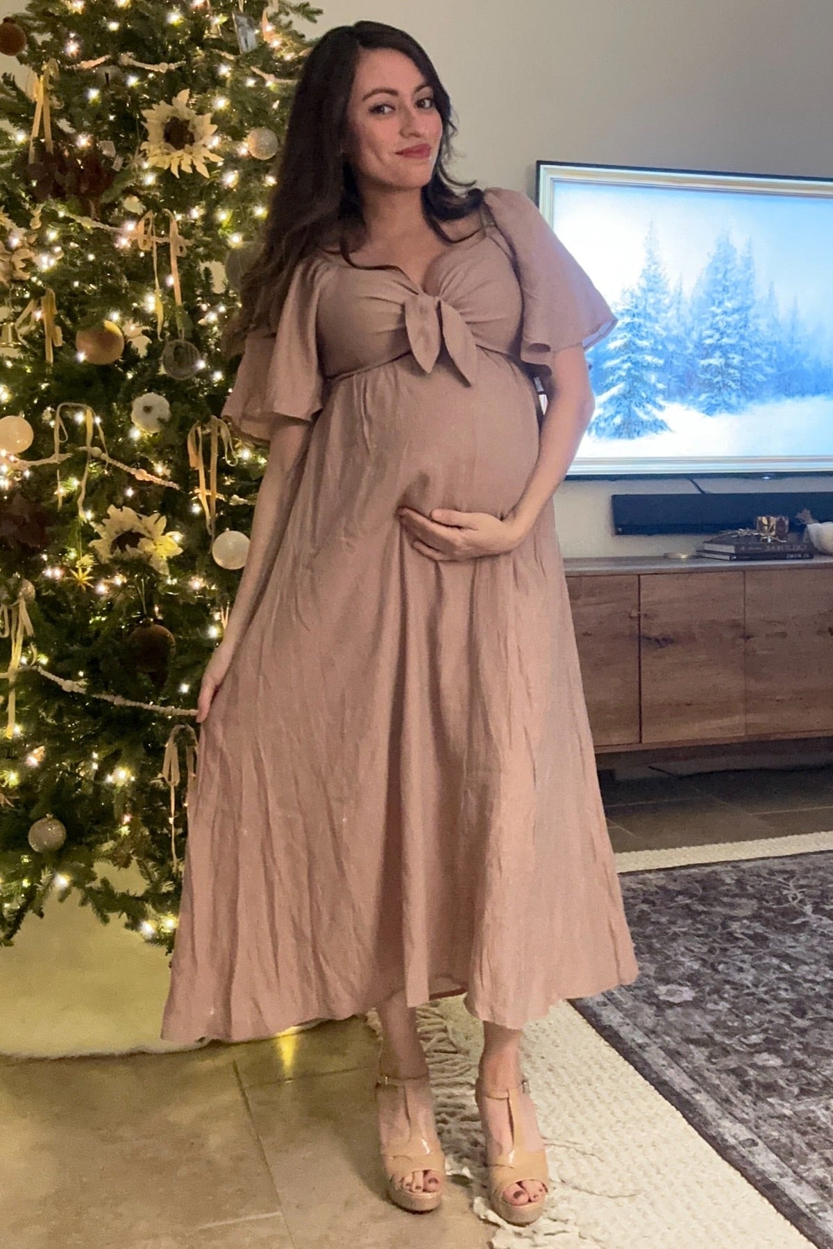 Front Tie Ruffle Sleeve Maternity Midi Dress by PinkBlush (view 6 of 14)