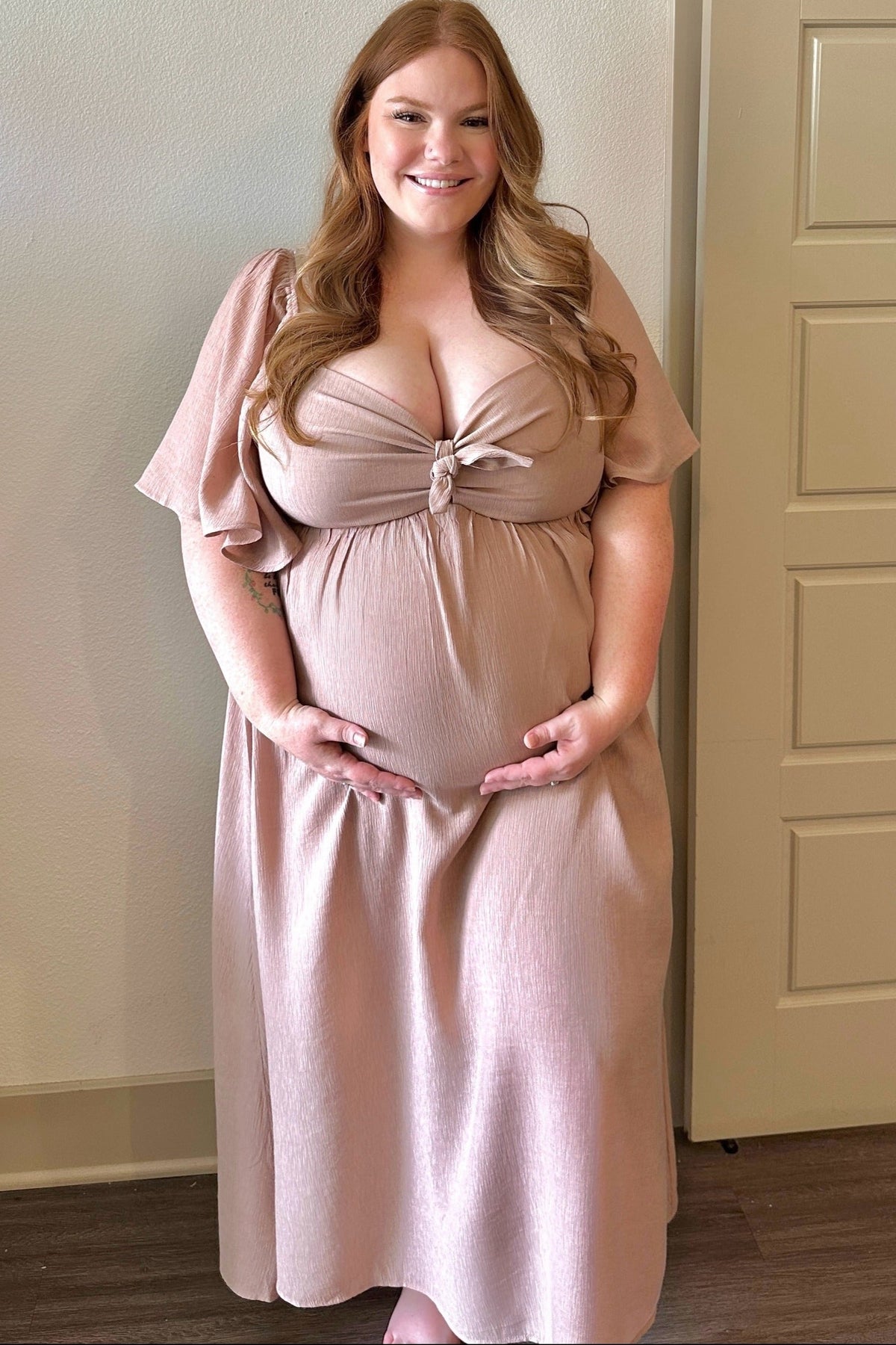 Front Tie Ruffle Sleeve Maternity Midi Dress by PinkBlush (view 8 of 14)